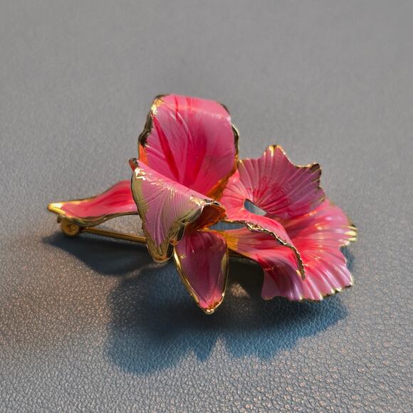 Vintage Cerrito 1982 Hand Painted Light Pink & Gold Orchid Flower Brooch Pin 2" - Picture 4 of 13